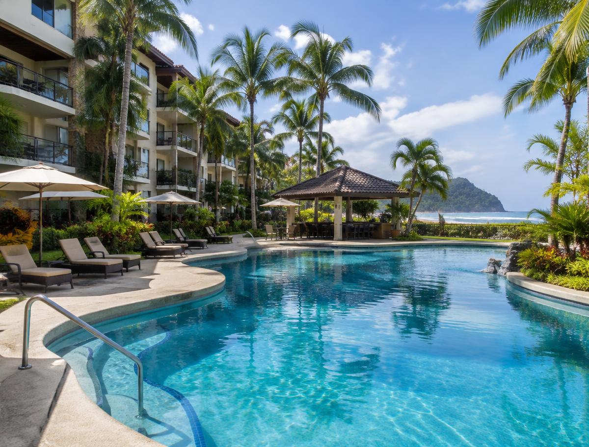 Pool deck at the Vista Mar condominium building in Jaco